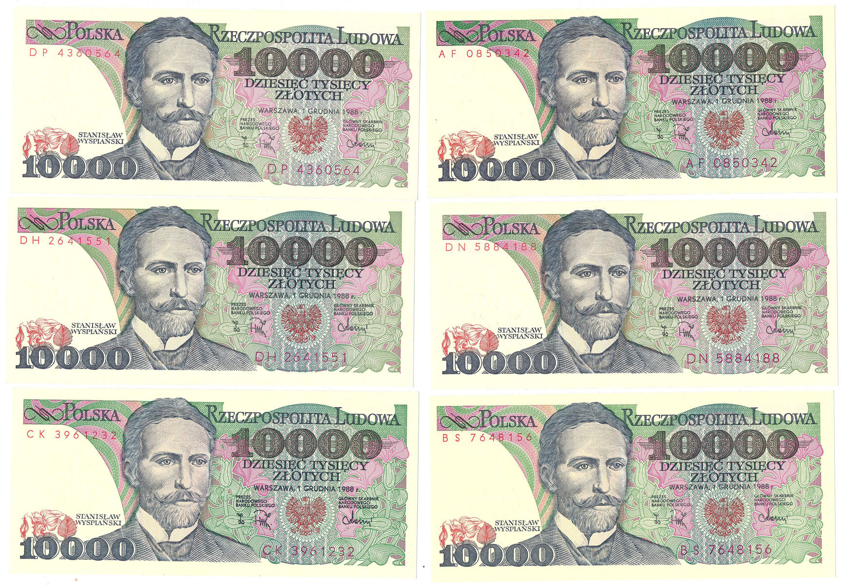 10.000 złotych 1988, zestaw 6 sztuk